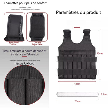 Gilet lesté 55x44cm 50kg gilet lesté réglable veste lestée convient à divers exercices de fitness gilet d'équipement de fitness